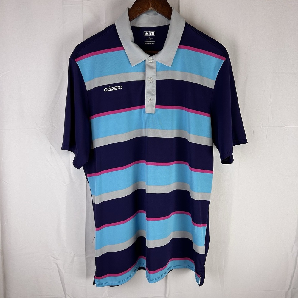 Adidas Golf Adizero Polo Shirt Mens Large Purple Blue Stripes‎ Performance Wick